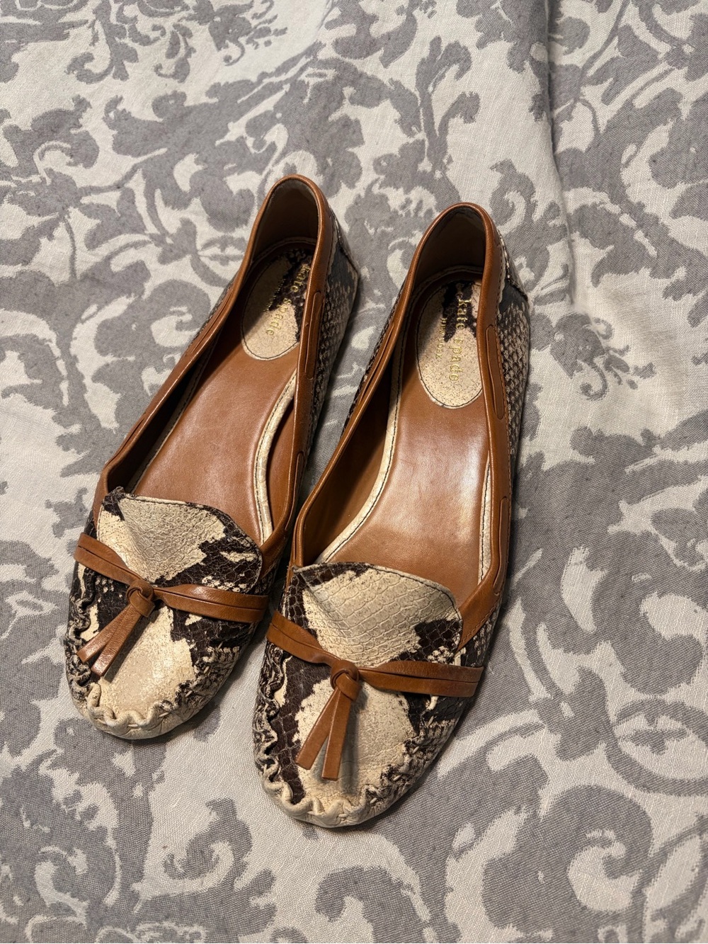 kate spade Brown and Cream Snake-Print Leather Tassel Moccasins